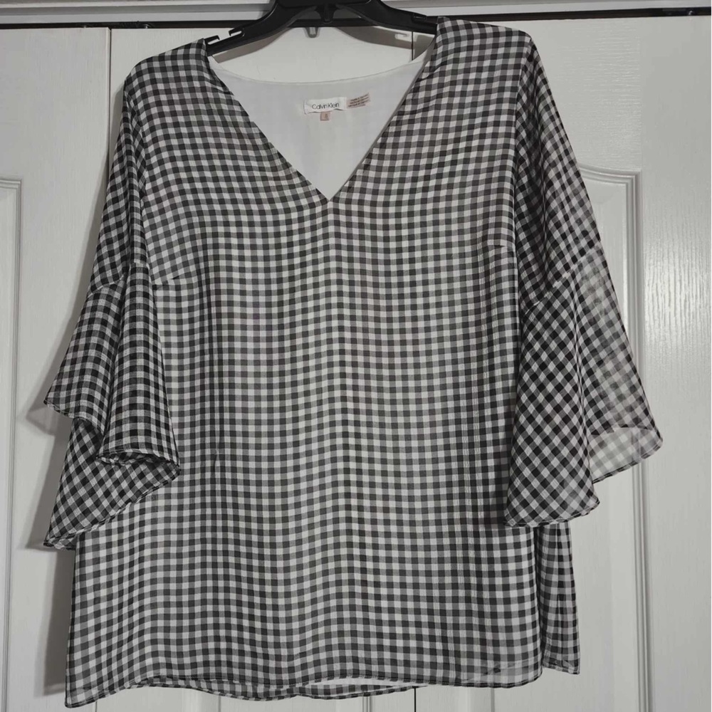 Calvin Klein Black and White Checkered Blouse